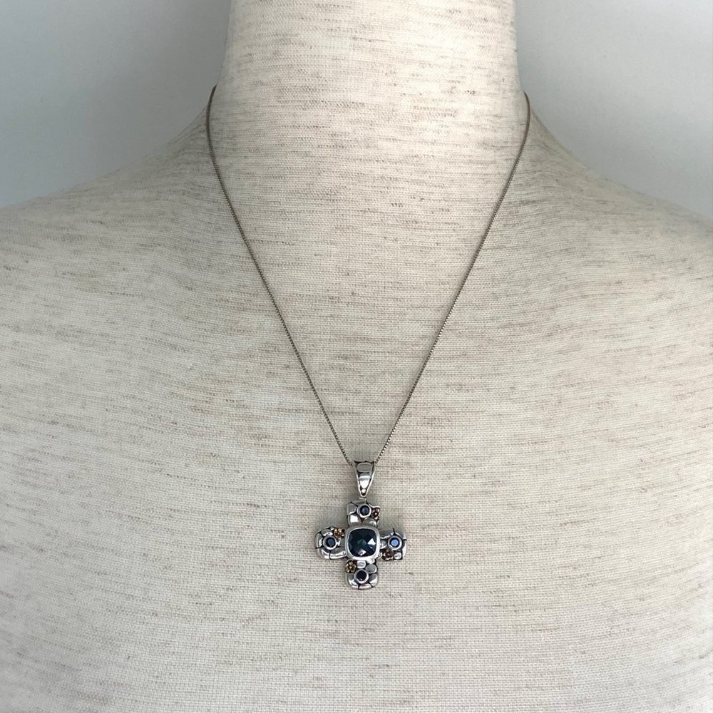 Sterling Silver 925 Black Tourmaline Glass Cross Pendant Necklace 18" Box Chain - Picture 3 of 16
